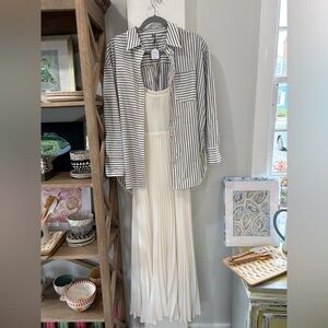 NWT Anthropologie Cream Pleated Maxi Dress with Blue-White Striped Shirt